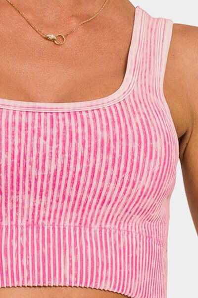 KESLEY Pink Cropped Yoga Top Ribbed Square Neck Wide Strap Tank Nylon and Spandex Fast dry
