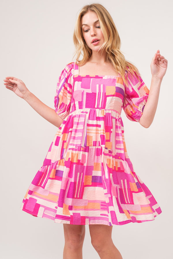 Pink Color Block Printed Puff Sleeve Dress Women's Fashion Casual Short Sleeve Mini Dresses KESLEY