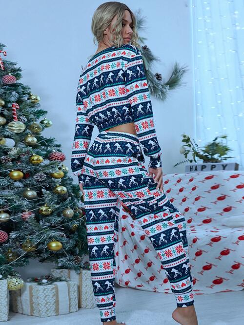 Printed Drawstring Top and Pants Christmas Pajama Set