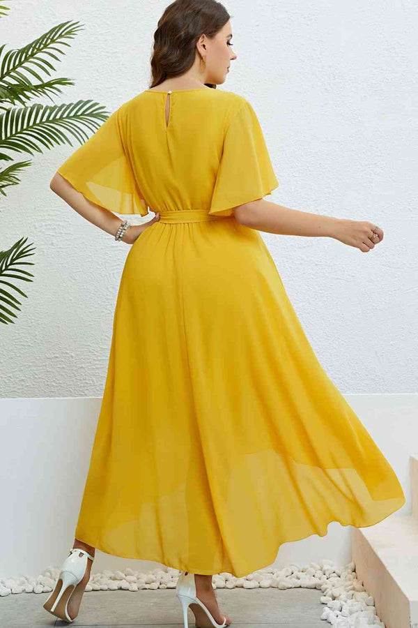 Women's Yellow Short Sleeve Dress Casual Belted Flutter Sleeve High-Low Dress Plus Size Fashion