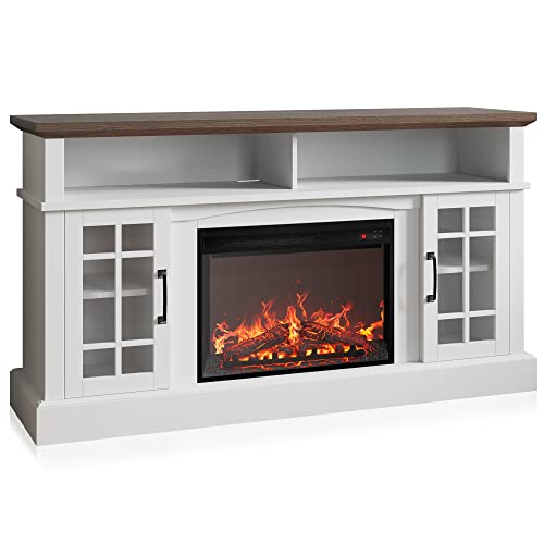 BELLEZE 58" TV Stand with 23" Electric Fireplace, Fireplace TV Console for TV up to 65", Home Entertainment Center with Storage Cabinet and Adjustable Shelves - Astorga (White)