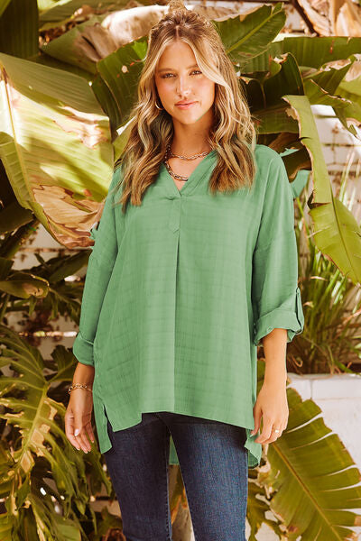 Women's Shirt Notched Roll-Tab Sleeve Blouse
