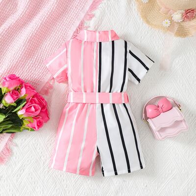 Striped Two-Tone Short Sleeve Tie Waist Romper, Kids Fashion, Baby clothes, baby gifts