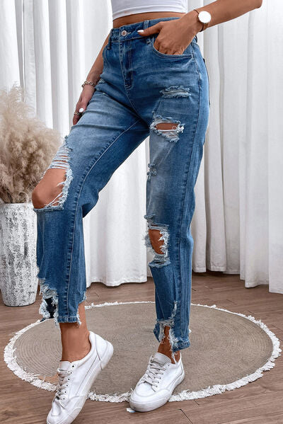 Distressed Raw Hem Straight Women’s Ripped Jeans