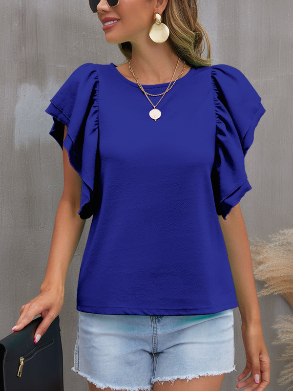 Round Neck Flounce Sleeve Blouse Solid Color Women's Short Sleeve Top