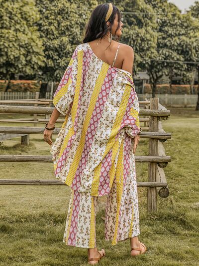 Matching Outfit Set Boho Printed Crop Top Cami Open Front Cover Up Kimono and Wide Leg Pants Set Three piece fashion outfit set KESLEY