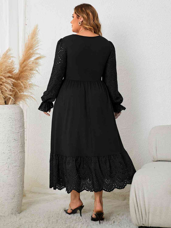 Black Long Sleeve Casual Plus Size Flounce Sleeve Lace Detail Dress