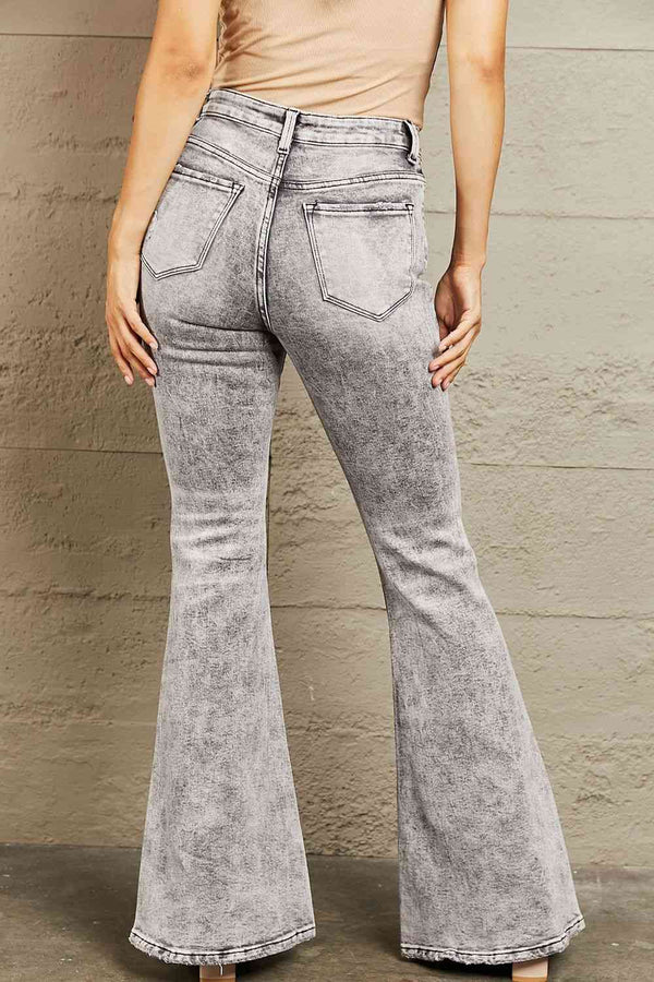 High Waisted Acid Wash Flare Jeans Cotton Black Washed Out