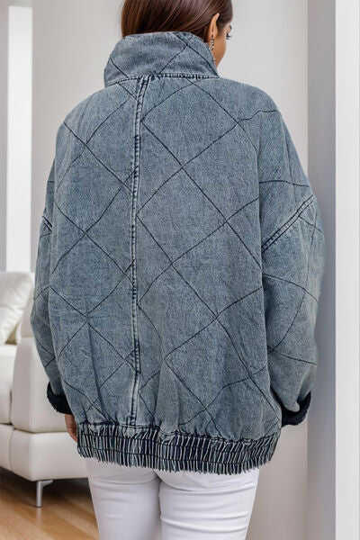 Denim Jacket Zip Up with Pockets Dropped Shoulder Light Coat 100% Cotton