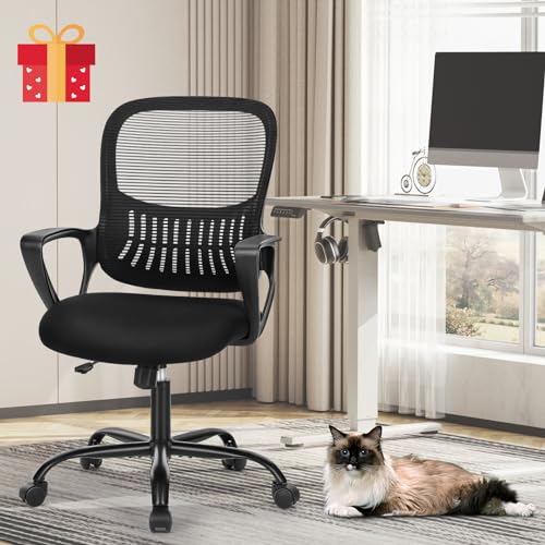 SMUG Office Computer Desk Chair, Ergonomic Mid-Back Mesh Rolling Work Swivel Task Chairs with Wheels, Comfortable Lumbar Support, Comfy Arms for Home, Bedroom, Study, Dorm, Student, Adults, Black