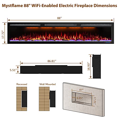 Mystflame 88 Inch WiFi-Enabled Electric Fireplace Inserts & Wall Mounted, Slim Electric Fireplace Heater, 750/1500w, Adjustable Flame Color, Remote Control & Touch Screen, Logs & Crystals, Black