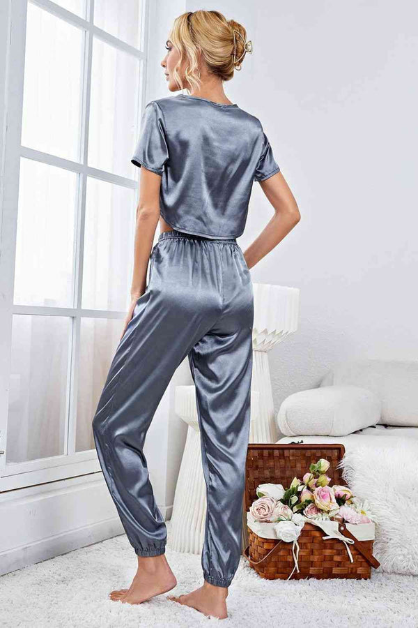 Womens Satin Pajamas Short Sleeve Crop Top and Joggers Lounge Set