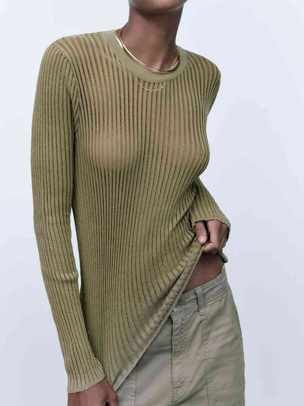 Women's Cotton Sheer See Through Round Neck Long Sleeve Ribbed Knit Top