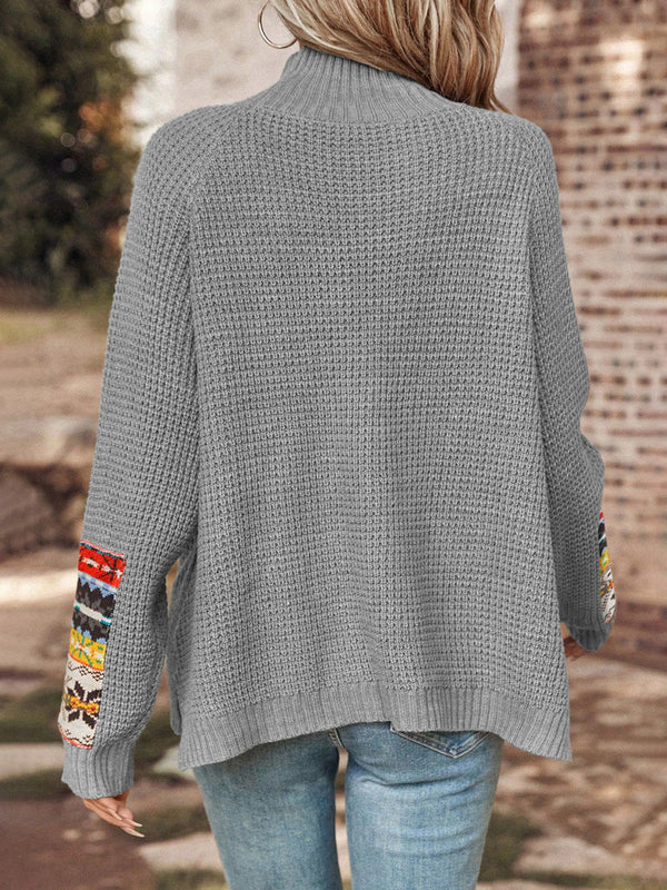 Grey Geometric Turtleneck Long Sleeve Slit Sweater