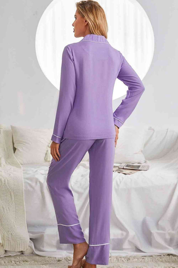 Womens Pajama Set  Purple Contrast Lapel Collar Shirt and Pants with Pockets