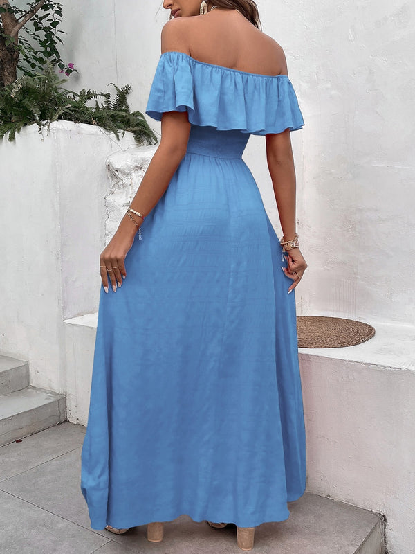 Sky Blue Smocked Ruffled Off-Shoulder Maxi Dress Casual Women's Fashion Long Dress