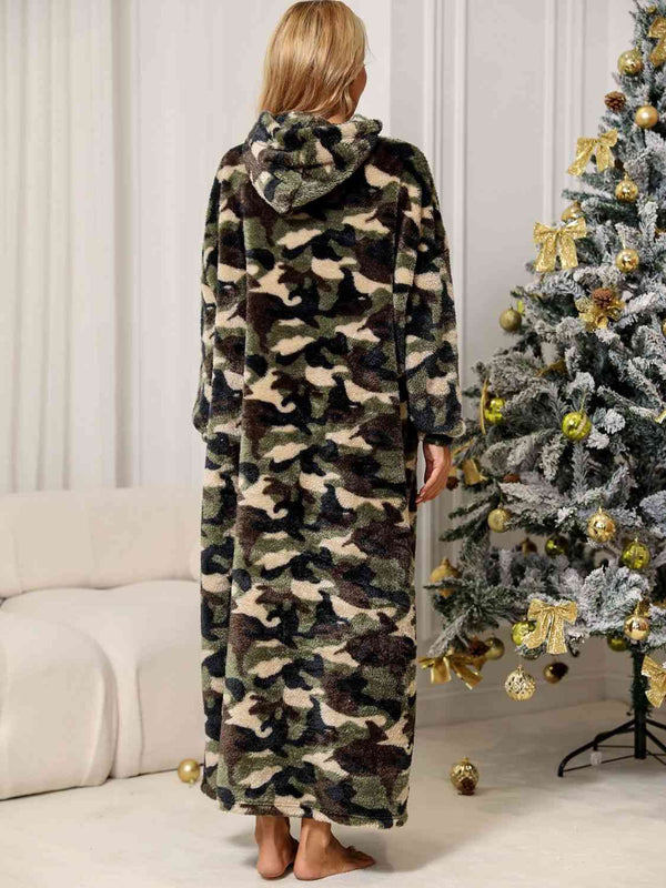 Fuzzy Blanket Pajama Dress Camouflage Hooded Teddy Night Dress Loungewear