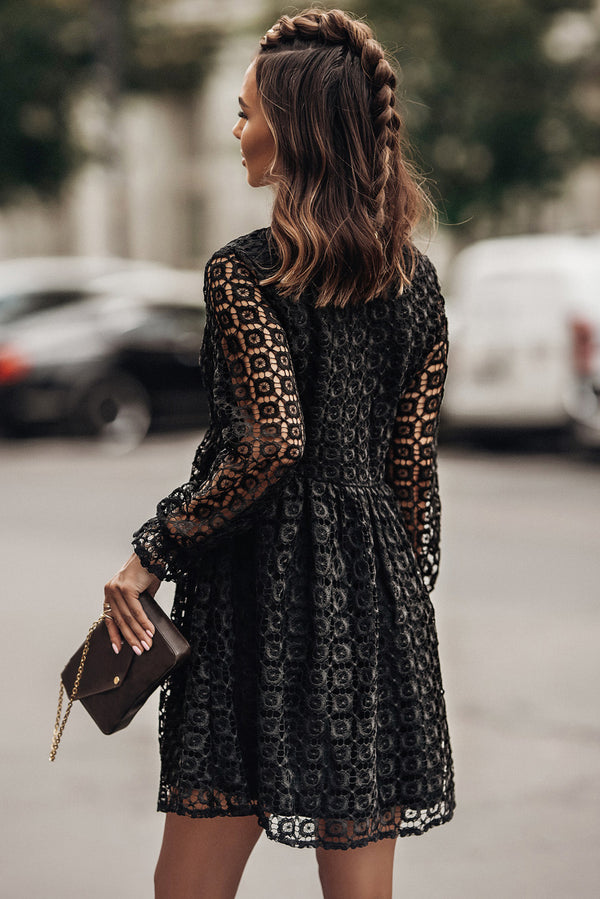 Black Mini Dress Buttoned Empire Waist Lace Dress Women's fashion Casual Dresses