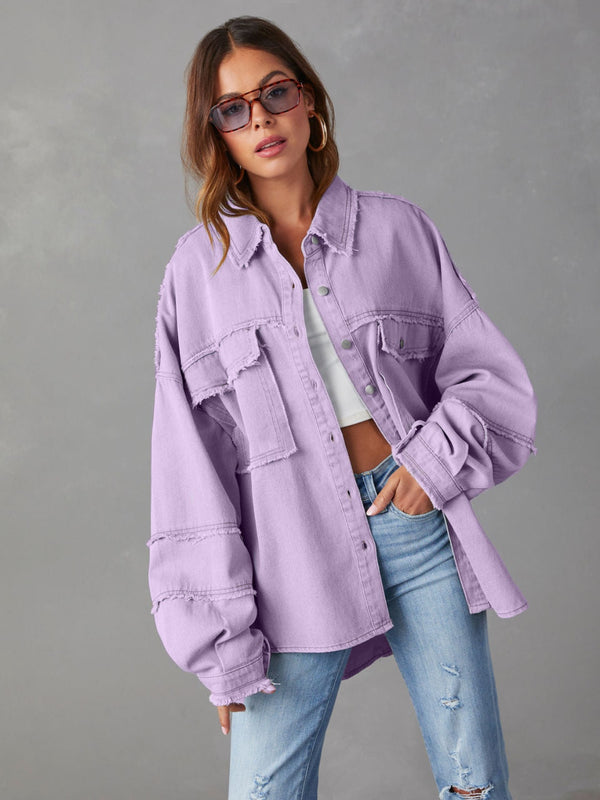 jackets, denim jackets, outerwear, coats, jean jacket, purple jackets, purple shirts, casual tops, long sleeve shirts, button down shirts , cute shirts, popular shirts, cotton clothing, cotton fashion, good quality clothes, breathable shirts, casual outfit ideas, baggy shirts, designer clothes, oversize pockets, open shirts, cool clothes, womens streetwear fashion, tiktok fashion, fashion 2024