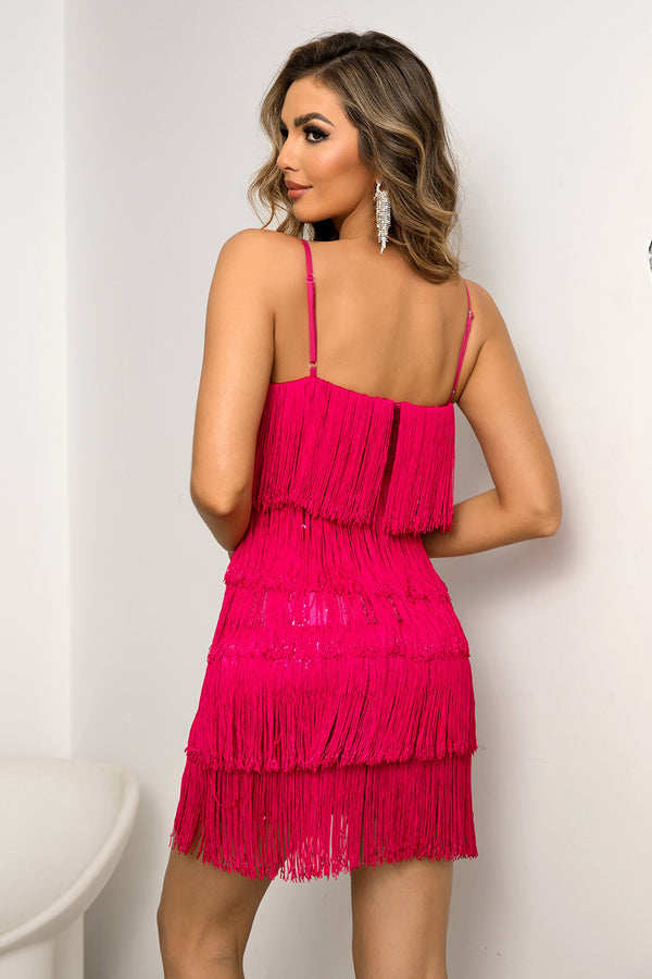 Pink Fringe Mini Dress Spaghetti Strap Short Party Dress With Tassels Detail New Women's Fashion KESLEY