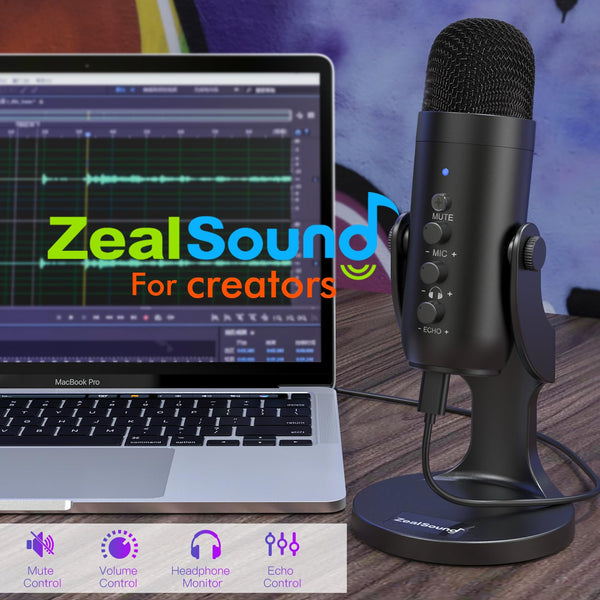 ZealSound USB Microphone,Condenser Computer PC Mic,Plug&Play Gaming Microphones for PS 4&5.Headphone Output&Volume Control,Mic Gain Control,Mute Button Vocal,YouTube Podcast on Mac&Windows(Black)