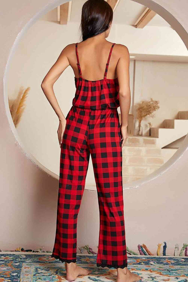 Womens Pajamas Loungewear Plaid Lace Trim Spaghetti Strap Jumpsuit