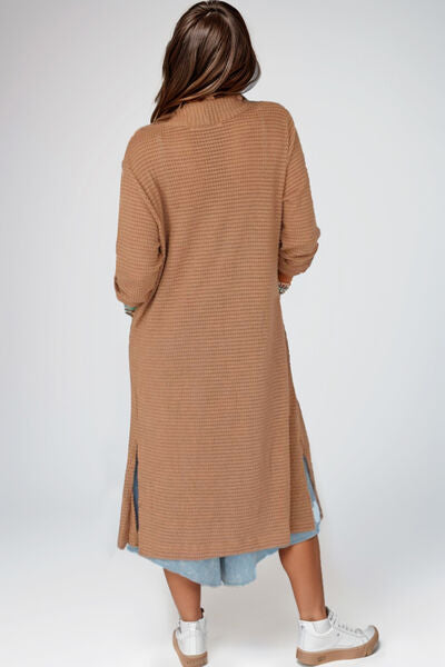 Women’s Long Open Front Sweater Brown Khaki Long Sleeve Longline Slit Cardigan