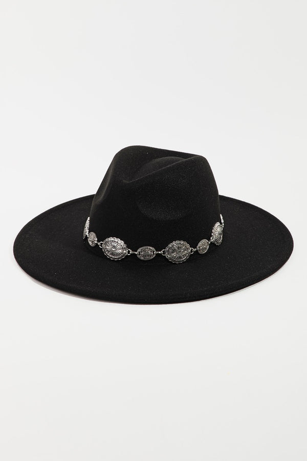 Women's Metal Trim Flat Brim Hat Fashion Black Hat