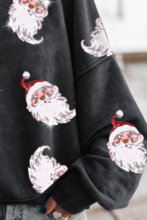 Sequin Santa Round Neck Drop Shoulder Holiday Christmas  Sweatshirt