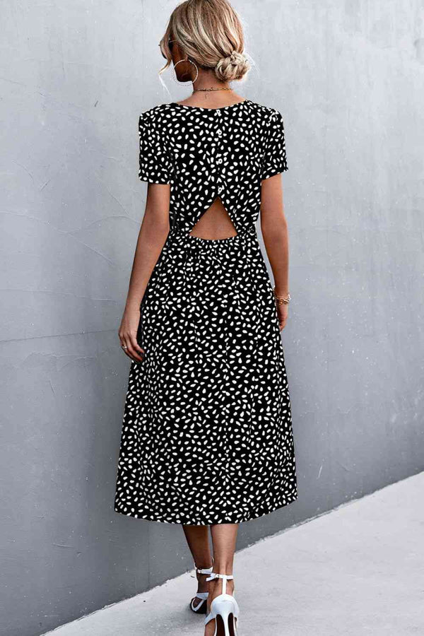 Women's Casual Printed Backless Slit Cutout Midi Dress (Belt Not Included)