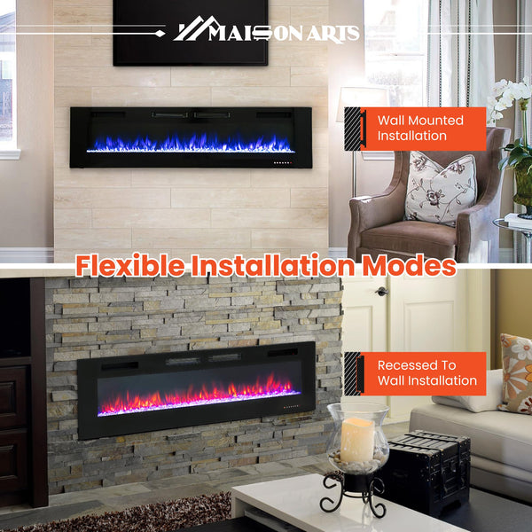 MAISON ARTS 72" Electric Fireplace Indoor Wall Mounted & Recessed Fireplace Heater with Remote Control & Touch Screen,8hrs Timer, Adjustable Flame & Bed Colors and Speed for Bedroom Living Room,1500W