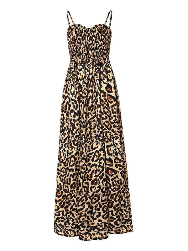 Women's Leopard Print Sweetheart Neck Spaghetti Sleeves Cami Maxi Dress