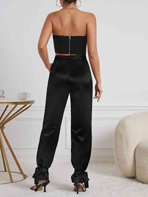 Matching Outfit Set Womens Sexy Black Strapless Knot Detail Tube Top and Pants Set