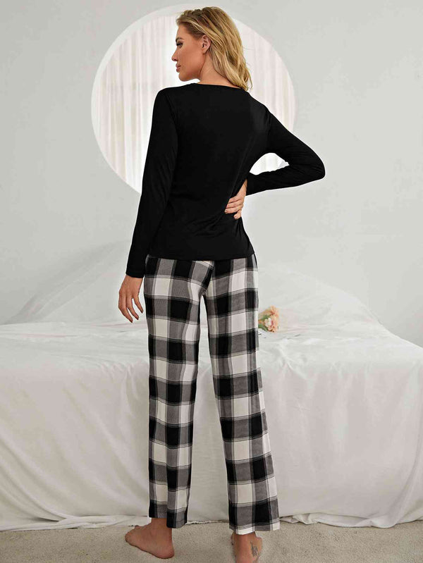 Womens Fashion Pajamas Plaid Heart Top and Pants Lounge Set