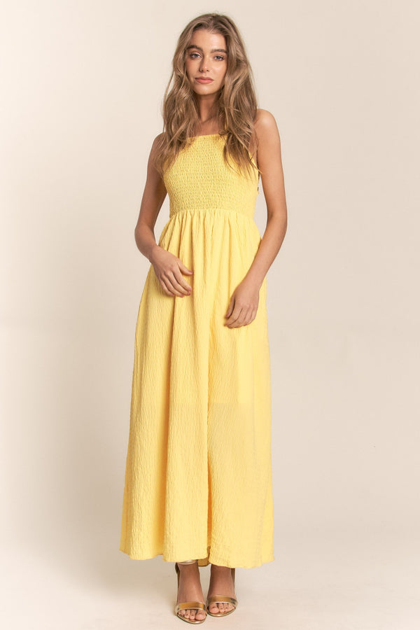 KESLEY Yellow Dress Casual Women's Fashion Texture Criss Cross Back Tie Smocked Maxi Dress Summer Dresses s