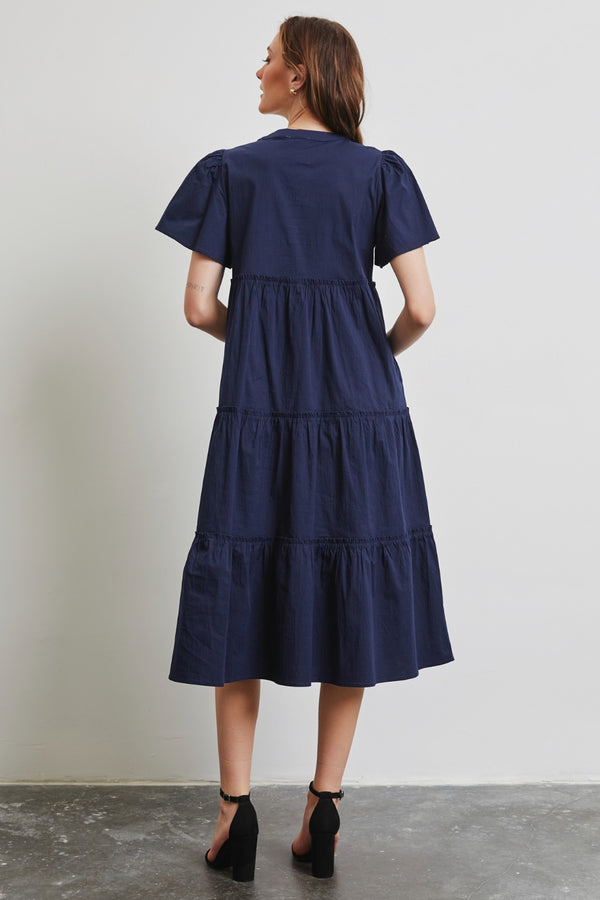 Cotton Short Sleeve Midi Dress Women's Fashion Navy Blue Casual Poplin Ruffle Tiered Midi Dress Petite and  Plus Size Fashion