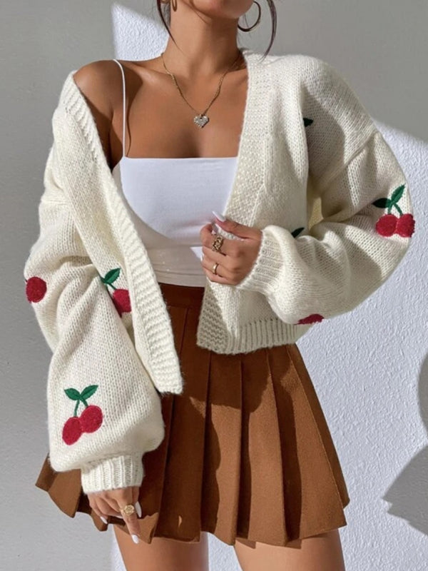 sweaters, nice sweaters, baggy cardigan, baggy sweaters, nice clothes, nice sweaters, cute clothes, new woemns fashion, fashion 2024, fashion 2025, white sweater, sweater with cherries, open sweaters, nice cardigans , Kesley Boutique 
