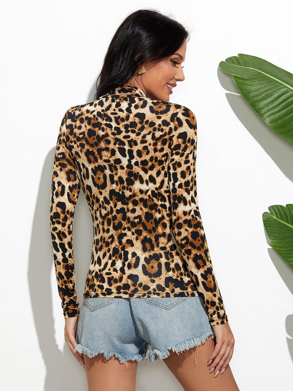 Leopard Mock Neck Long Sleeve T-Shirt Women's Tight Fit Cheetah Print Long Sleeve Blouse