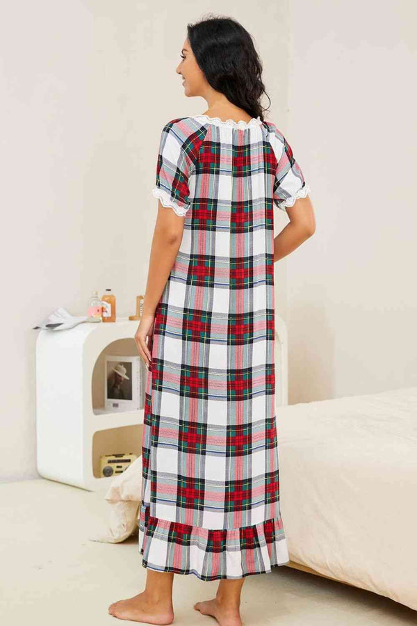 Womens NIghtgownPajamas Plaid Lace Trim Ruffle Hem Night Dress