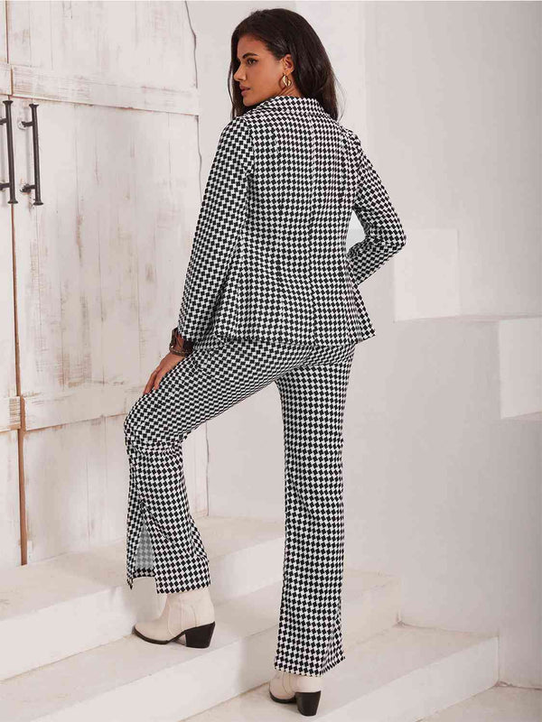 Womens Fashion Checkered Blazer & Slit Trouser Pants Set