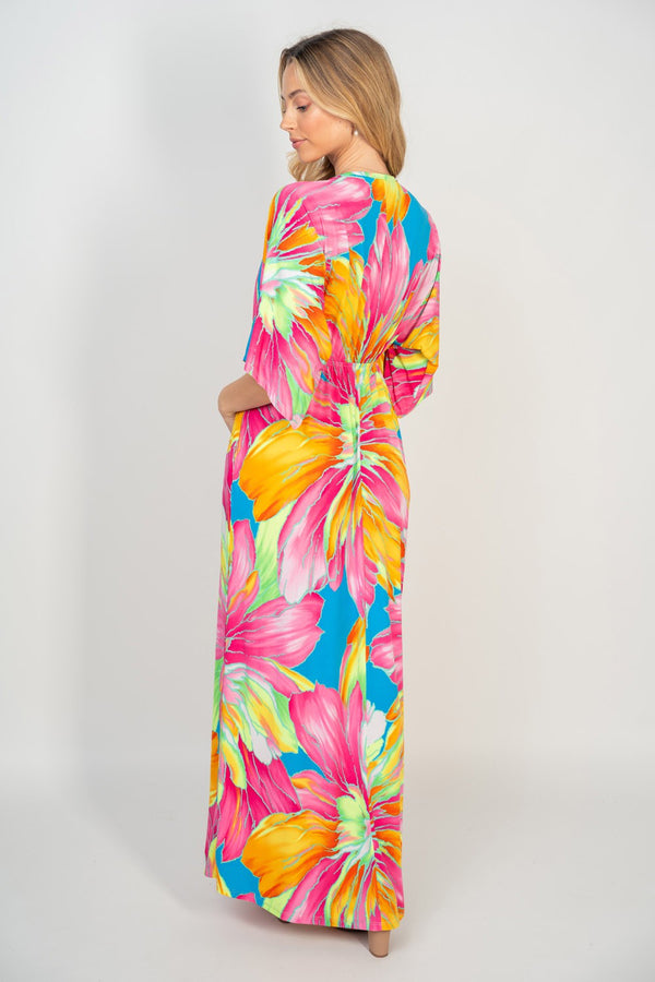 Colorful Short Sleeve Maxi Dress Women's Casual Printed V-Neck Maxi Dress with Pockets