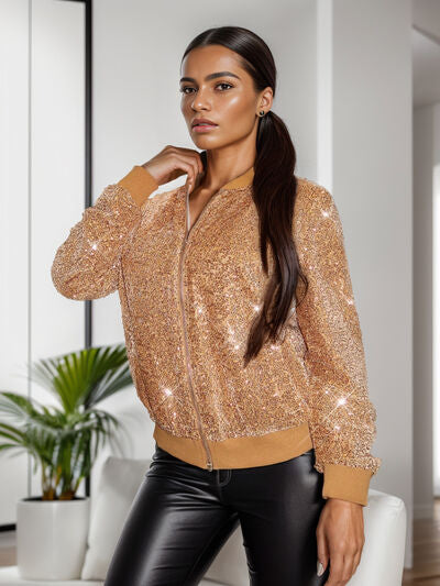 Women's Fashion Sweater Sparkly Gold Sequin Zip Up Long Sleeve Jacket