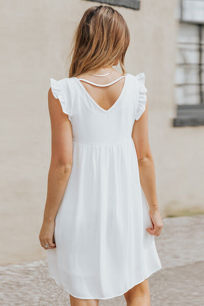 White Dress Ruffled Geometric V-Neck Sleeveless Casual Short Dress