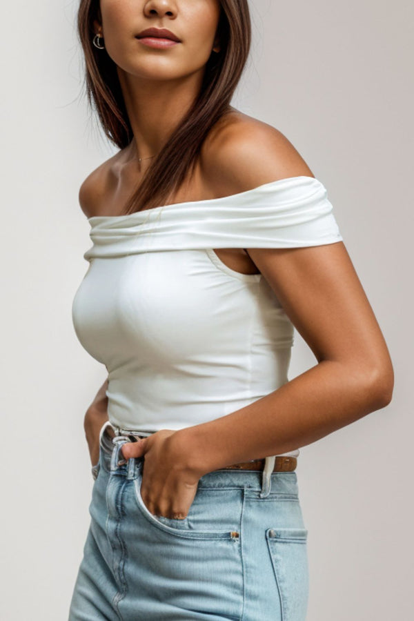 White Off-Shoulder Shirt Women's Fashion Short Sleeve Blouse KESLEY
