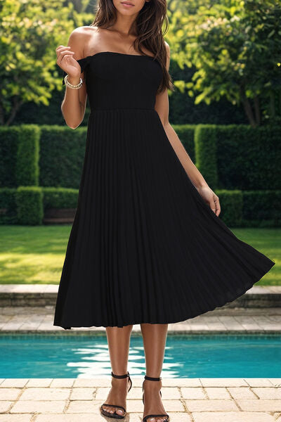 Black Pleated Dress Women's Fashion Off-Shoulder Midi Ankle Length Flare Dress
