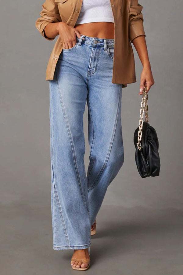 Blue Jeans High Waist Straight Leg Jeans with Pockets Asymmetrical Design Cotton Premium Jeans