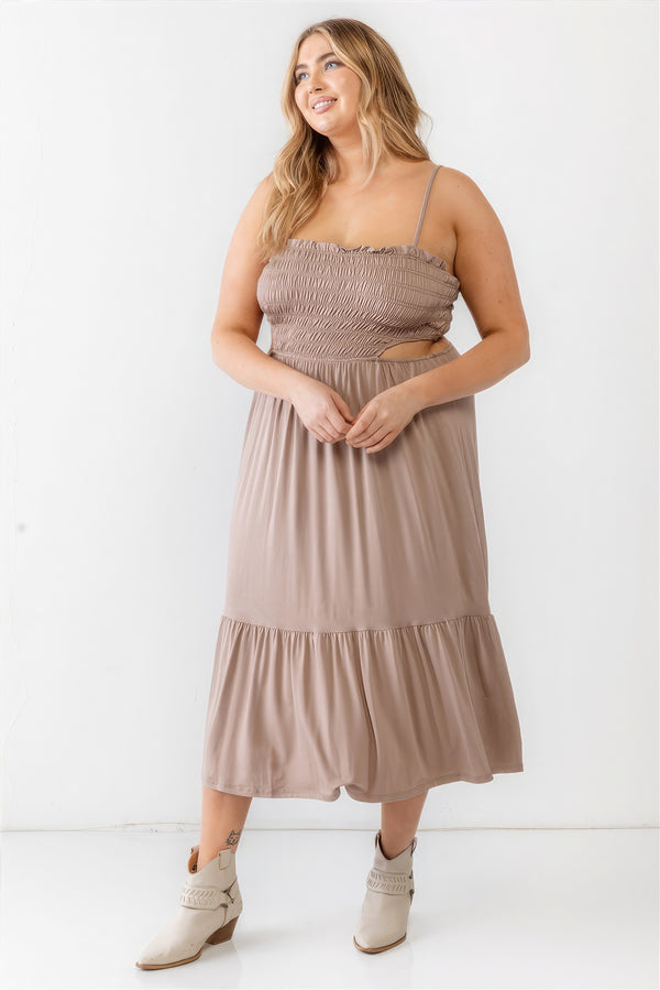 Plus Size Casual Vacation Dress Smocked Cut-out Strappy Flare Hem Midi Dress MADE IN USA Fashion