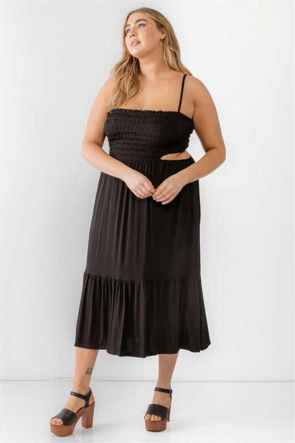 Black Plus Size Dress Boho Fashion Smocked Cut-out Strappy Flare Hem Midi Dress MADE IN USA FASHION