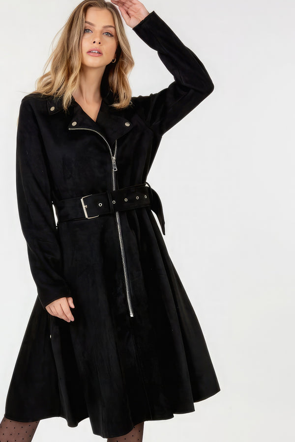 Women's Black Trench Coat Jacket Waist Belt Tacked Faux Suede Coat Solid Coat KESLEY