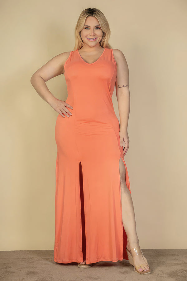 Plus Size Maxi Dress Women's Orange Sexy V Neck Thigh High Slit Long Dress